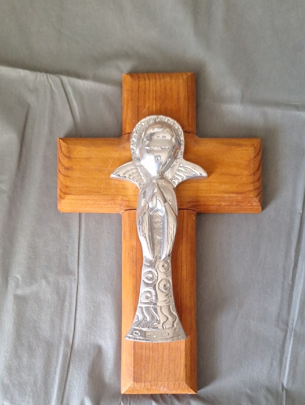 Pewter Angel On A Wooden Cross For Hanging On Wall Medium size 10" T 61/2 W